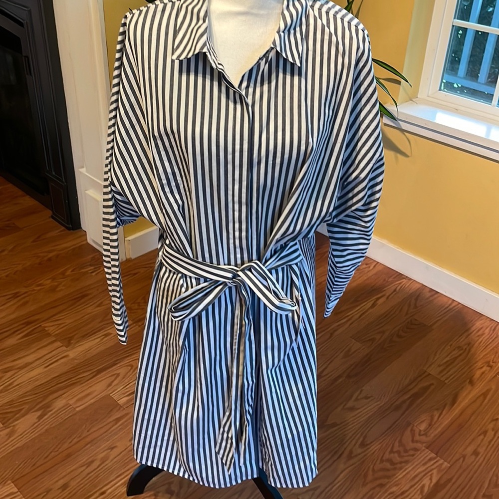 NWT JustFab Blue White Stripe Long Sleeve Cotton Shirt Dress 1X Nautical Preppy‎